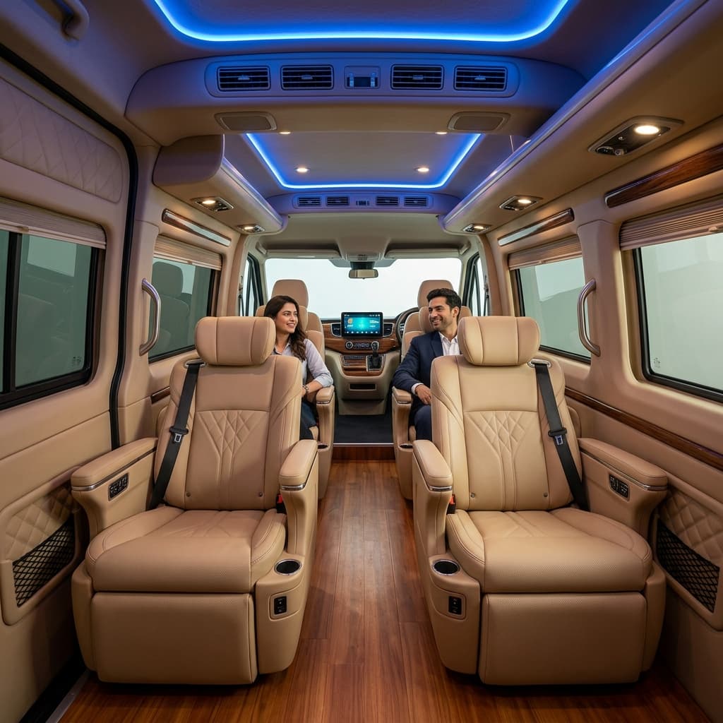 Pushback recliner seats inside Force Urbania rented in Ayodhya