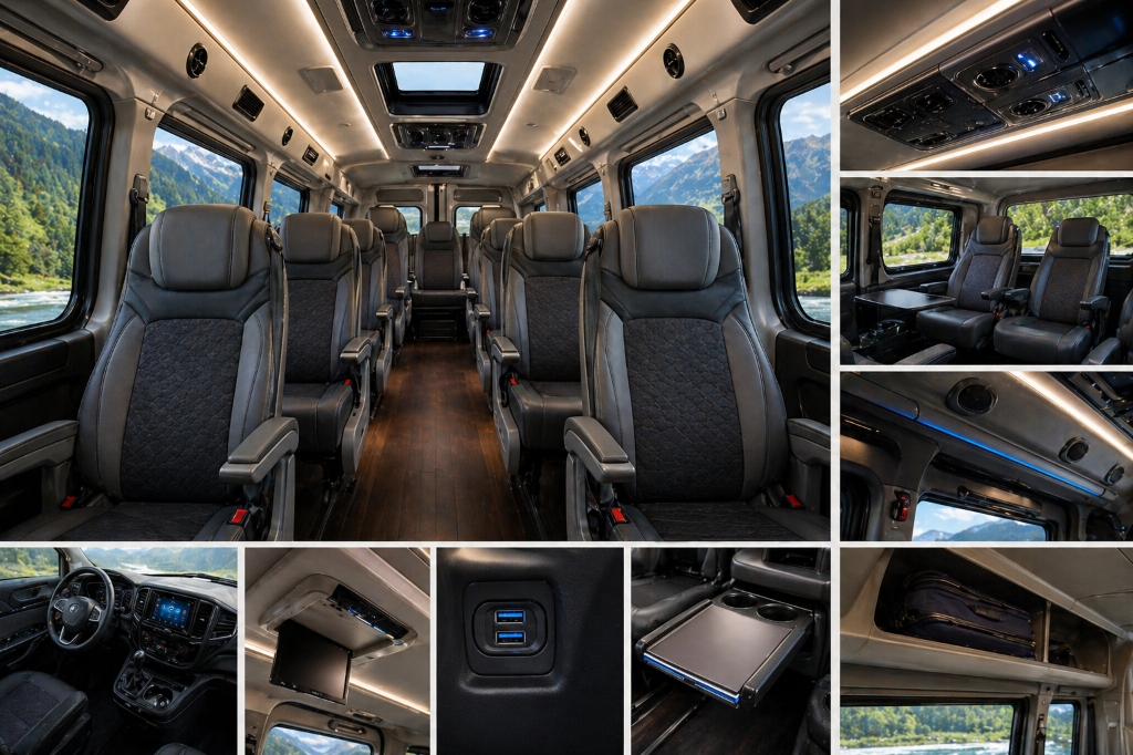 Force Urbania interior — push-back seats, USB charging, dual AC